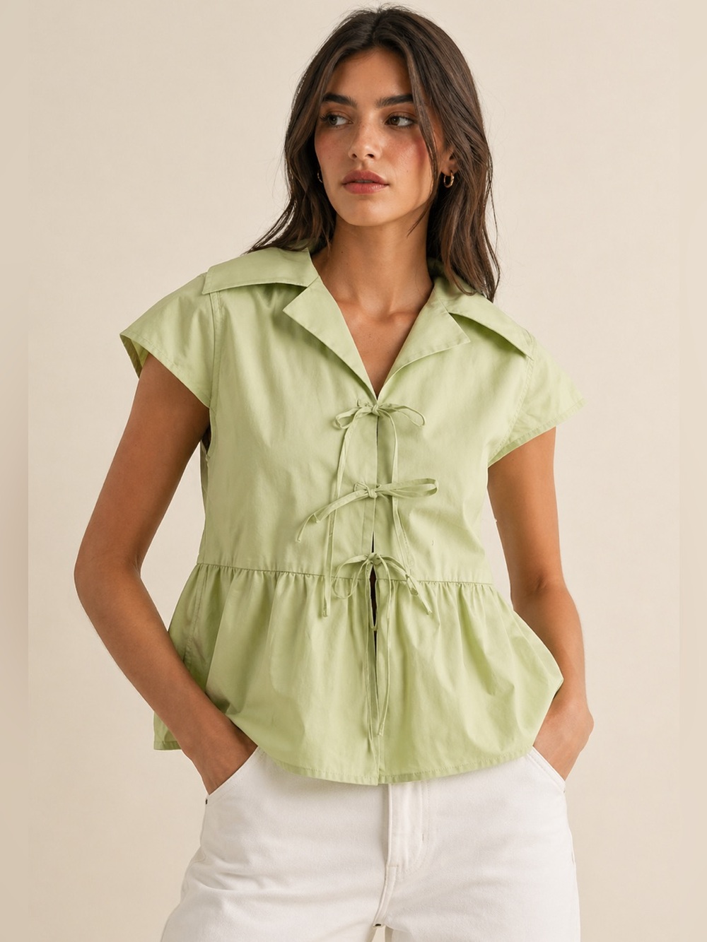 Light Green Tie-Front Peplum Blouse - Unbranded